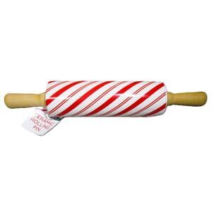 Ceramic Rolling Pin with Wood Handles Candy Cane Striped Holiday Baking Tool